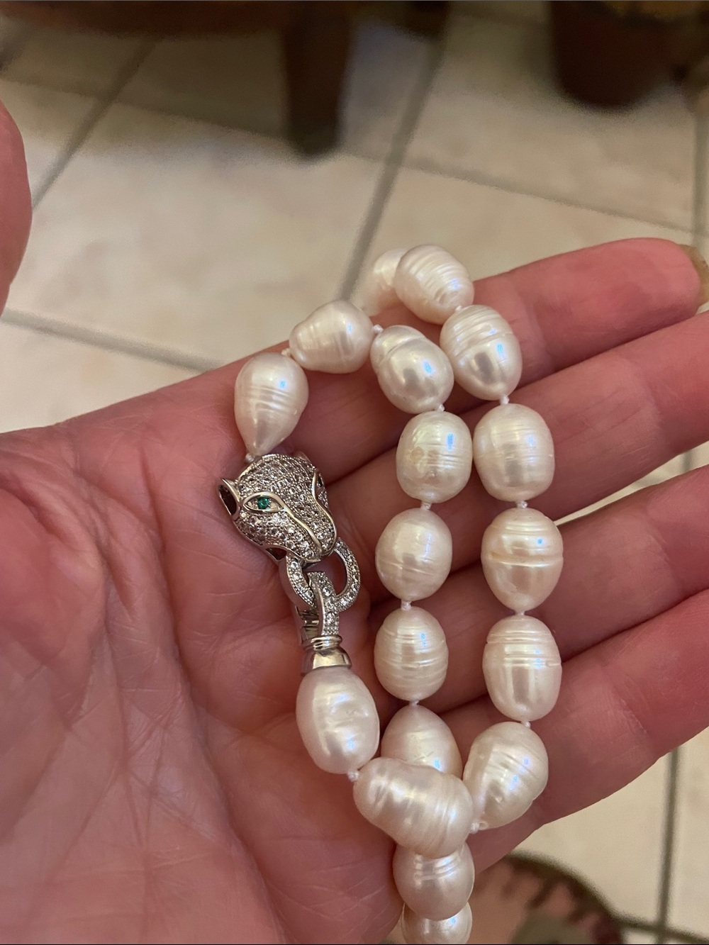 Fresh water pearls Bead Necklace with Pave Panter Clasp - White Pearls